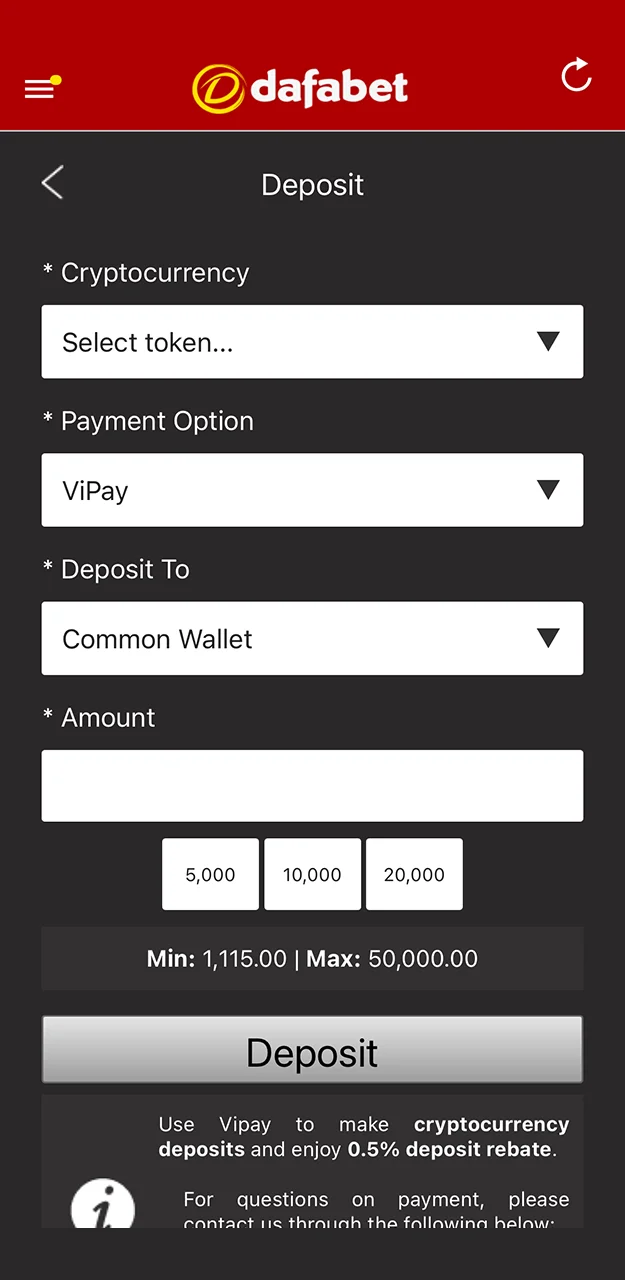 It only takes a few clicks to top up your account on the Dafabet website.