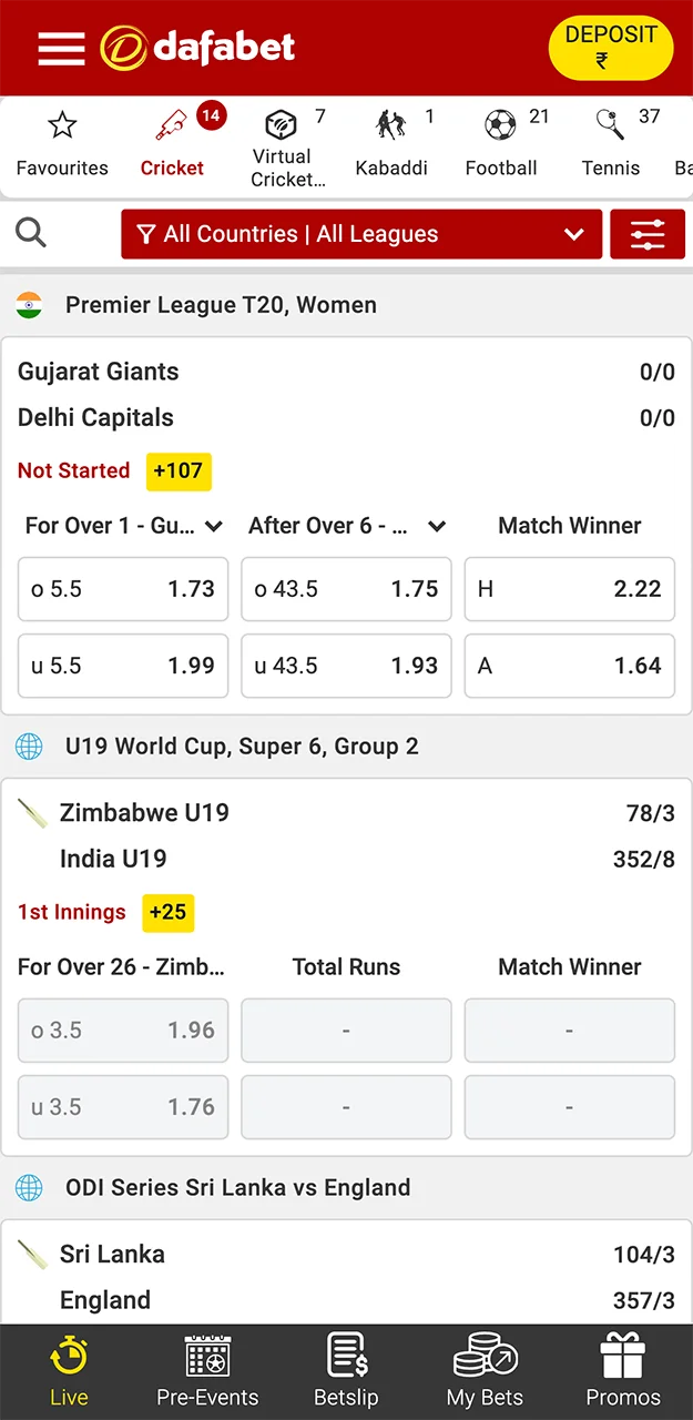Explore the available matches for betting on the Dafabet website