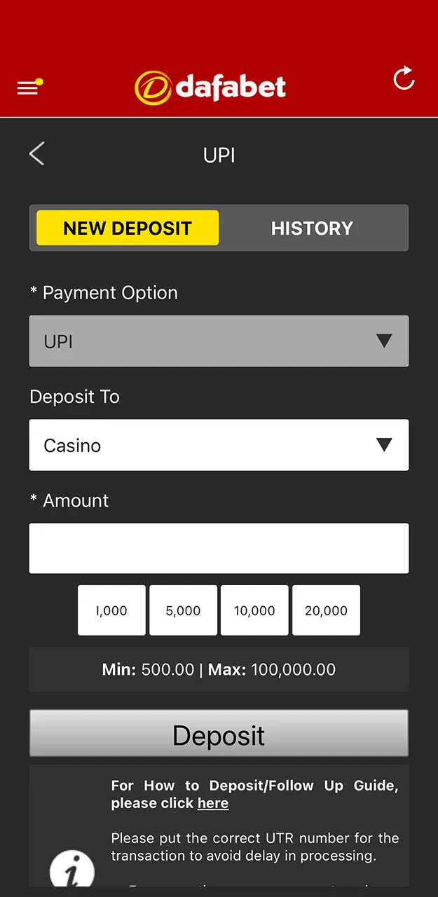 Determine the required deposit amount on the Dafabet website.