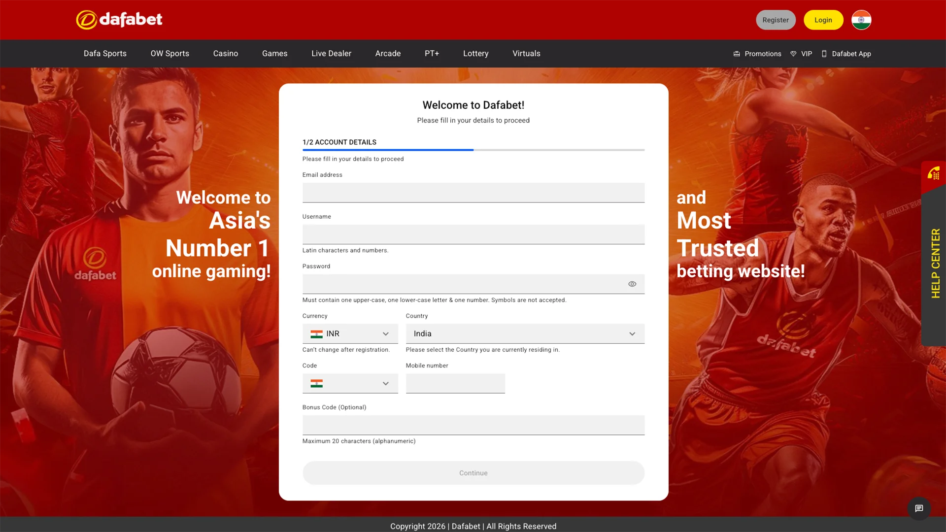 Registration form for the secure Dafabet platform.