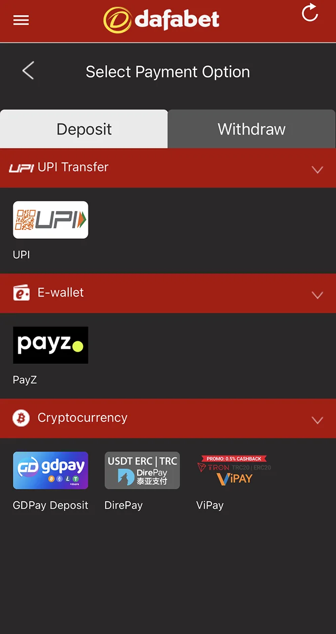Top up your Dafabet account using cryptocurrency.