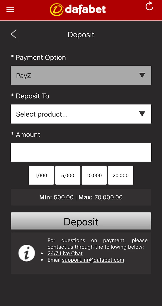 Select your bonus and complete your Dafabet account top-up.