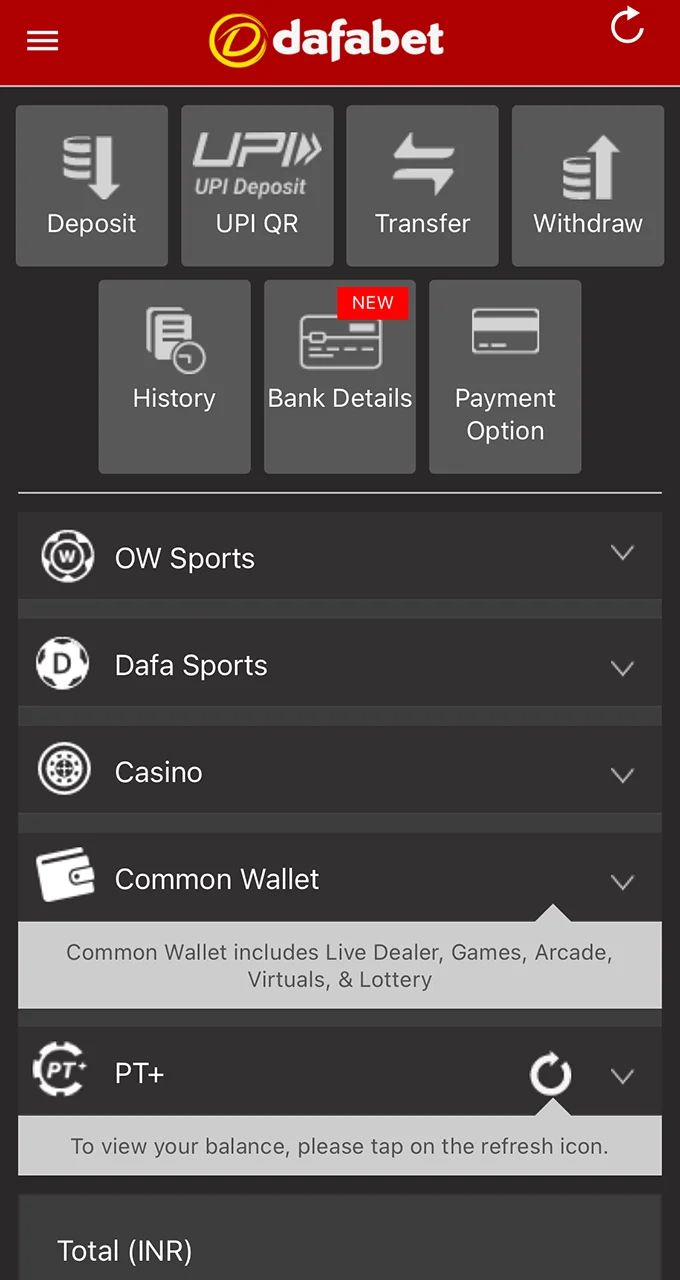 Open the account menu and start the deposit process on the Dafabet website.