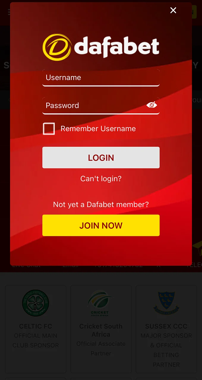 Enter the details required to log in to your personal account on the Dafabet website.