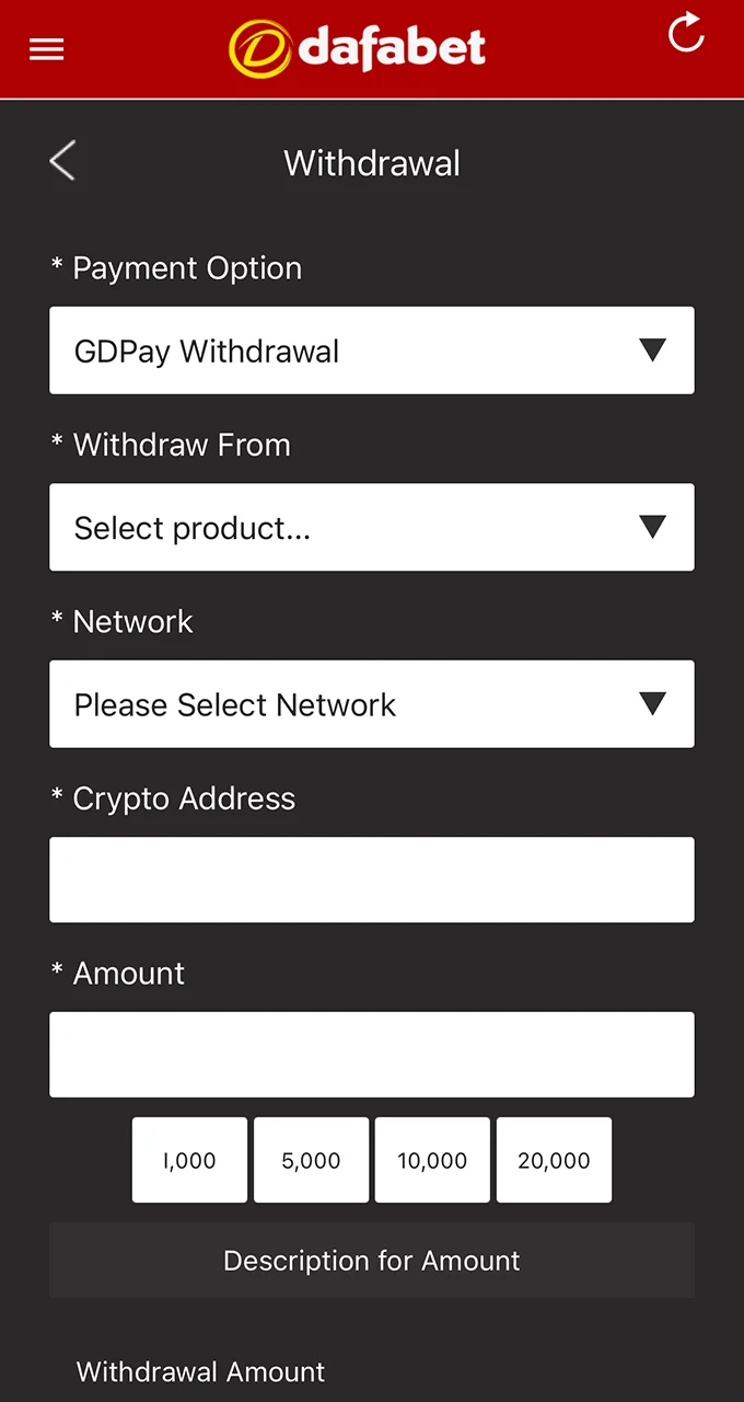Click on the withdrawal button on the Dafabet website and check your digital wallet.