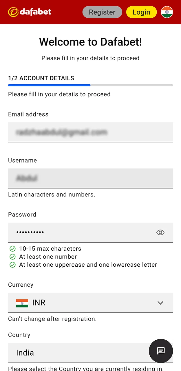 Please verify that the information you have entered to register on the Dafabet website is correct.