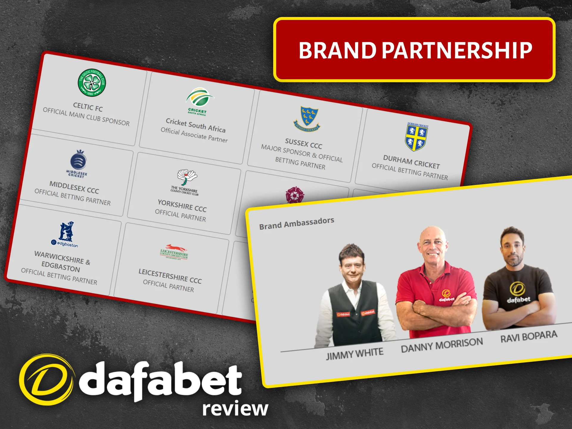 Check out Dafabet's official betting partners, including famous sports teams and athletes.