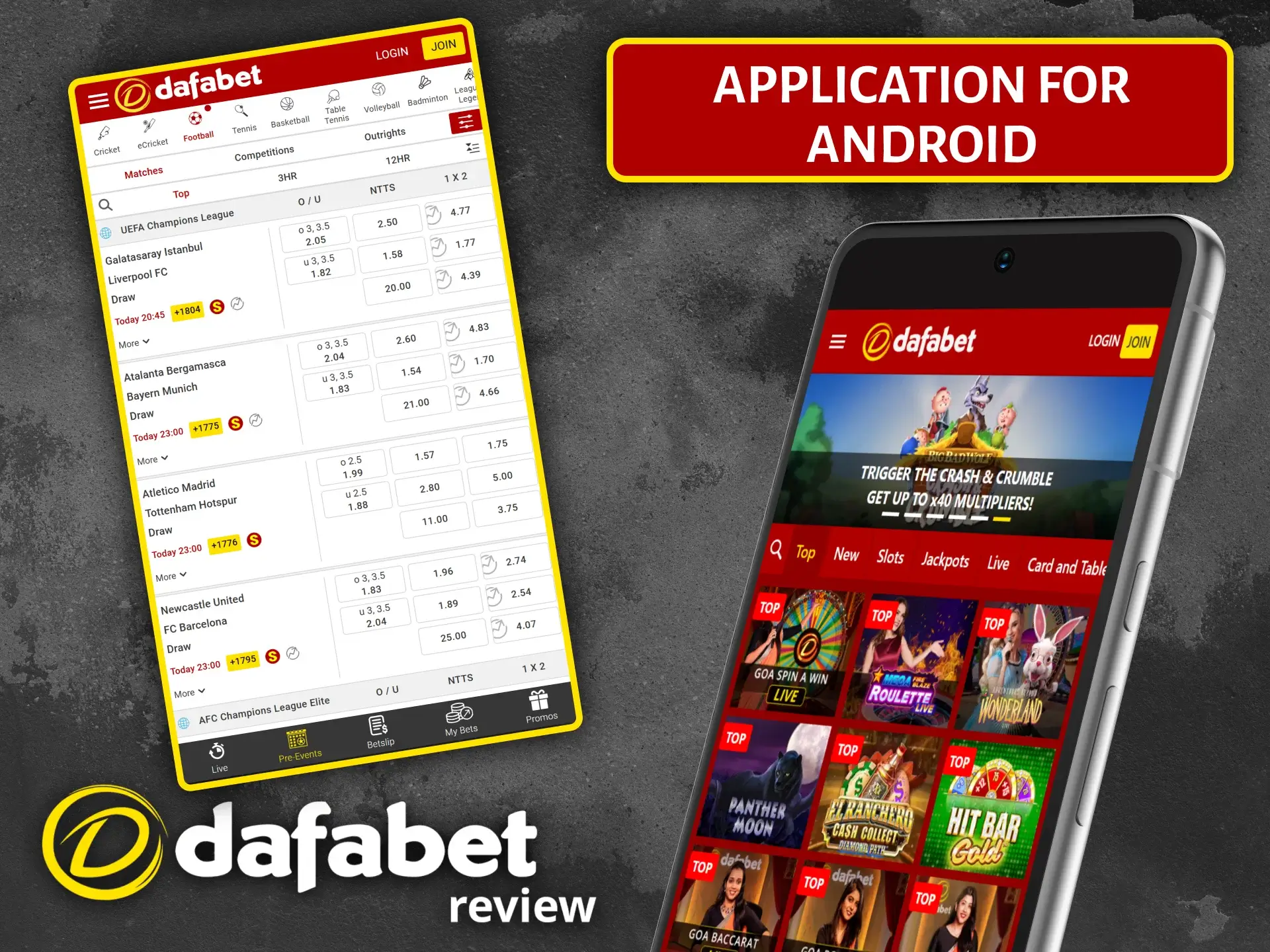 Download the Dafabet mobile app for Android to access the bookmaker and casino features.