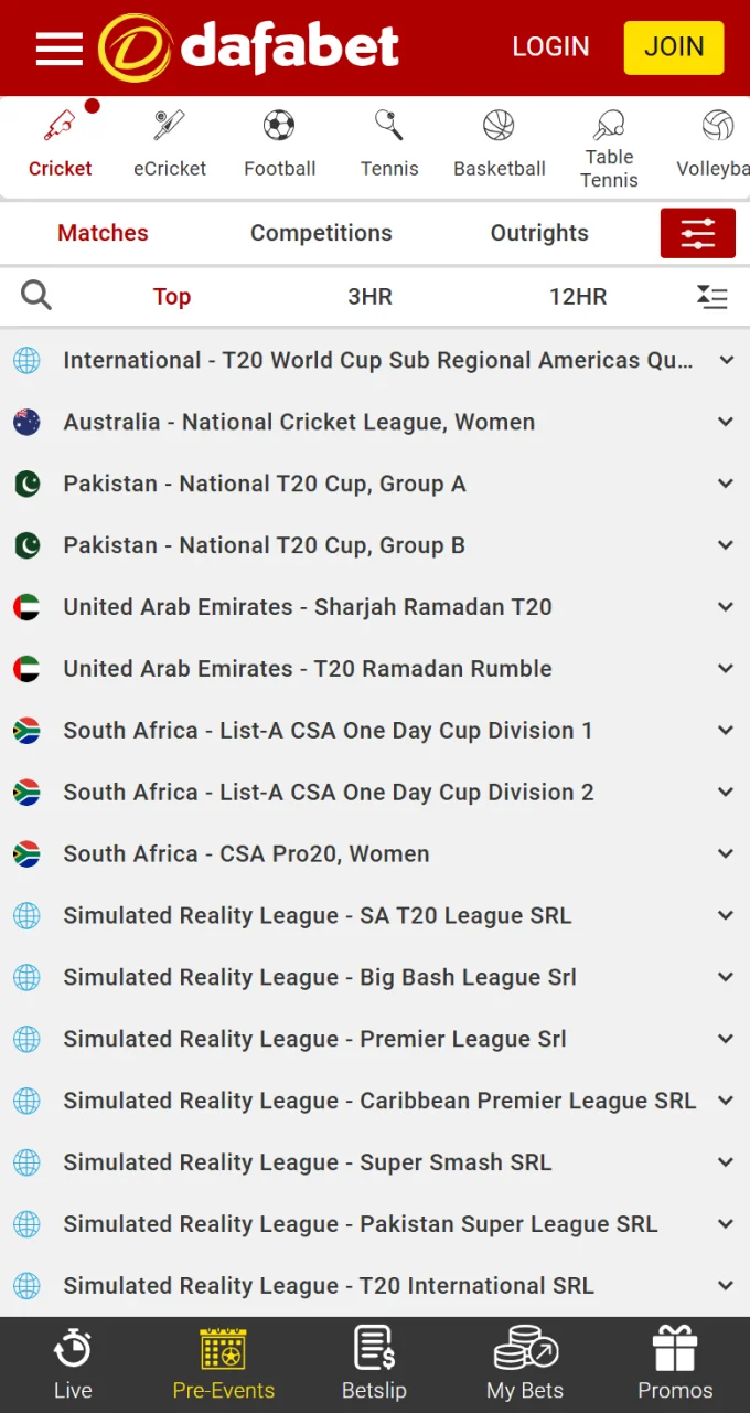 Check out the cricket matches available at Dafabet bookmaker.